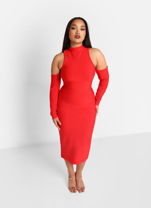 Roma Bandage Cold Shoulder Midi Bodycon Dress - Cherry