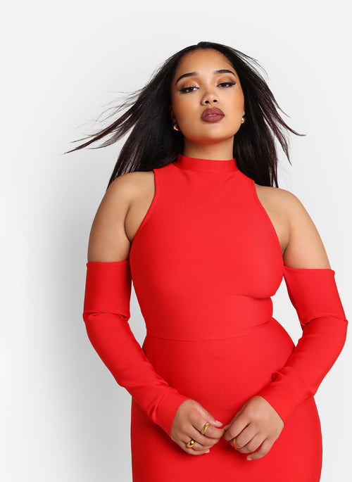 Roma Bandage Cold Shoulder Midi Bodycon Dress - Cherry