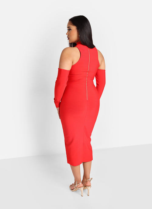 Roma Bandage Cold Shoulder Midi Bodycon Dress - Cherry