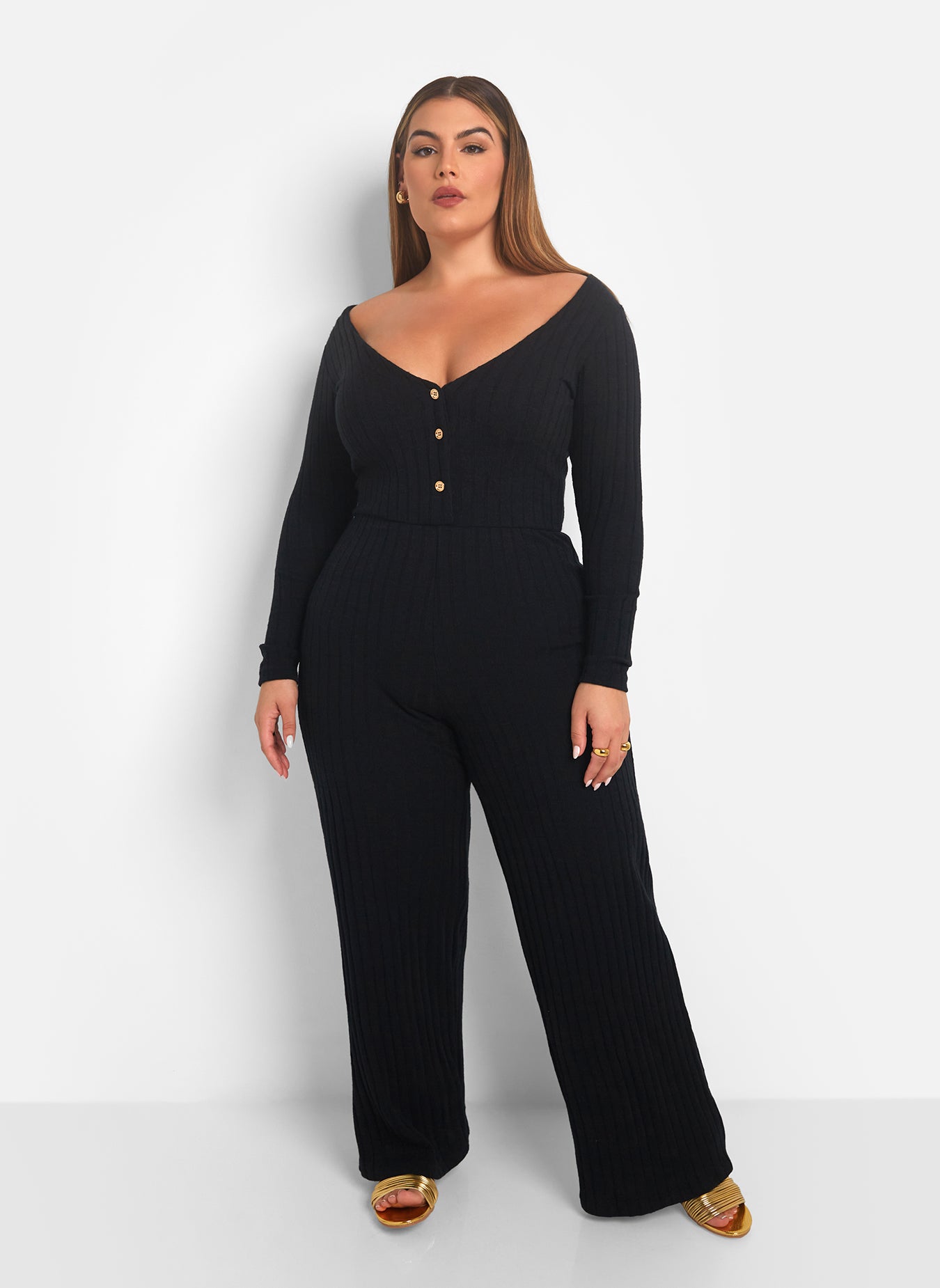 Ruby Ribbed Button Front Wide Leg Jumpsuit