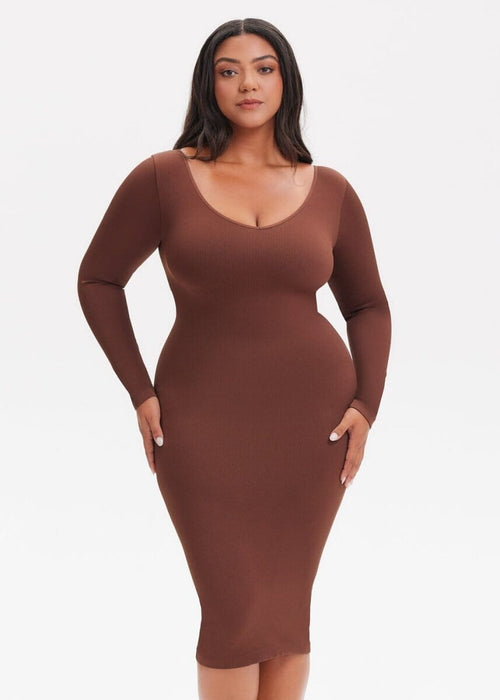 She Waisted SnatchedKnit V-Neck Long Sleeve Midi Dress