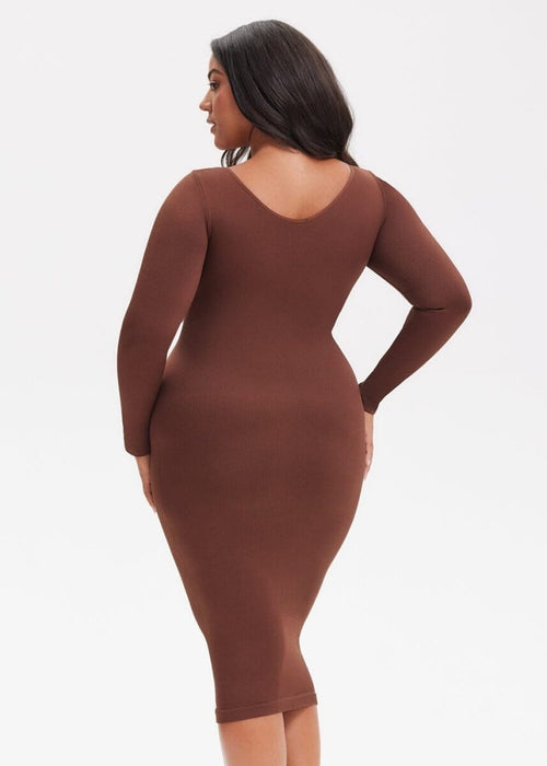 She Waisted SnatchedKnit V-Neck Long Sleeve Midi Dress