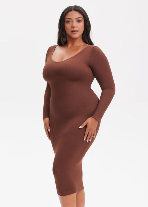 She Waisted SnatchedKnit V-Neck Long Sleeve Midi Dress