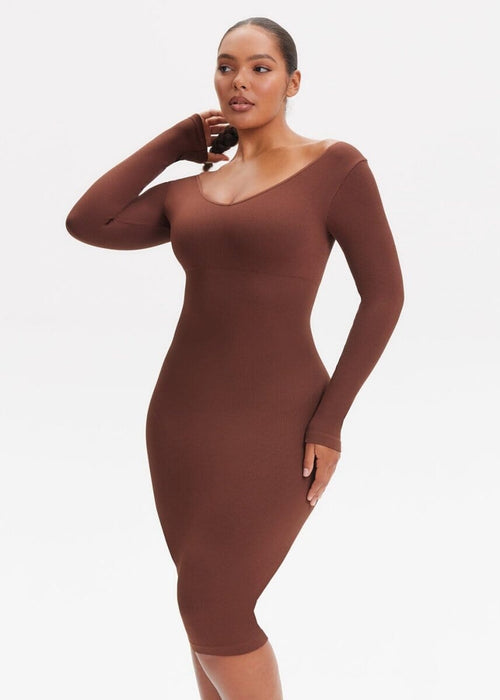 She Waisted SnatchedKnit V-Neck Long Sleeve Midi Dress