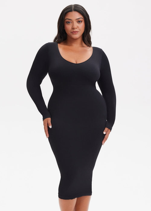 She Waisted SnatchedKnit V-Neck Long Sleeve Midi Dress