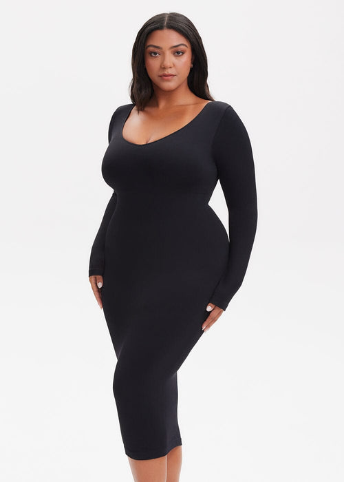 She Waisted SnatchedKnit V-Neck Long Sleeve Midi Dress