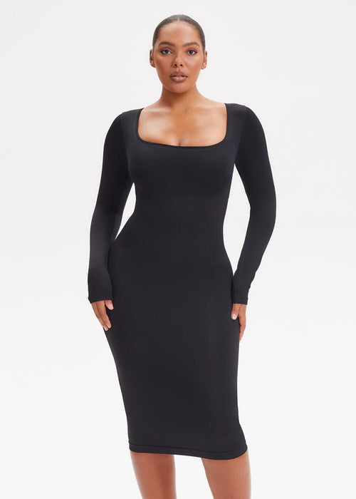 She Waisted SnatchedKnit Square Neck Long Sleeve Midi Dress