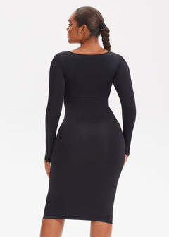 She Waisted SnatchedKnit Square Neck Long Sleeve Midi Dress