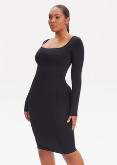 She Waisted SnatchedKnit Square Neck Long Sleeve Midi Dress