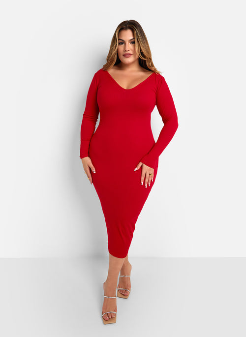 Santana Ribbed Off Shoulder Midi Bodycon Dress - Red