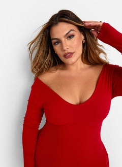 Santana Ribbed Off Shoulder Midi Bodycon Dress - Red