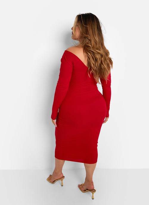 Santana Ribbed Off Shoulder Midi Bodycon Dress - Red