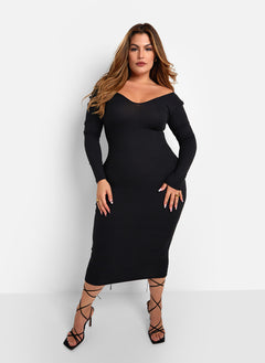 Santana Ribbed Off Shoulder Midi Bodycon Dress - Black