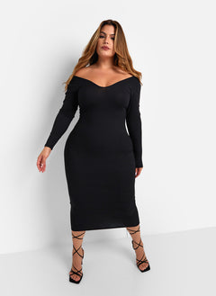 Santana Ribbed Off Shoulder Midi Bodycon Dress - Black