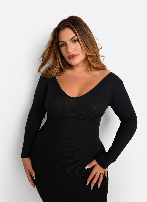 Santana Ribbed Off Shoulder Midi Bodycon Dress - Black