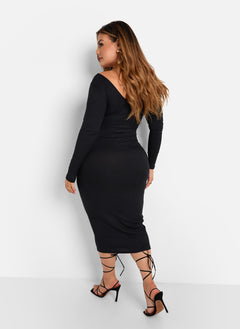 Santana Ribbed Off Shoulder Midi Bodycon Dress - Black