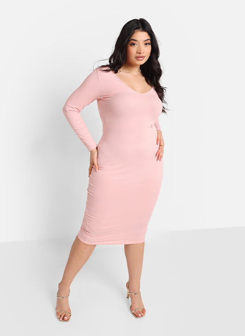 Santana Ribbed Off Shoulder Midi Bodycon Dress - Light Pink