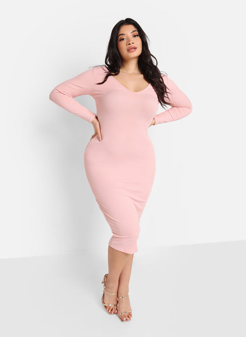 Santana Ribbed Off Shoulder Midi Bodycon Dress - Light Pink