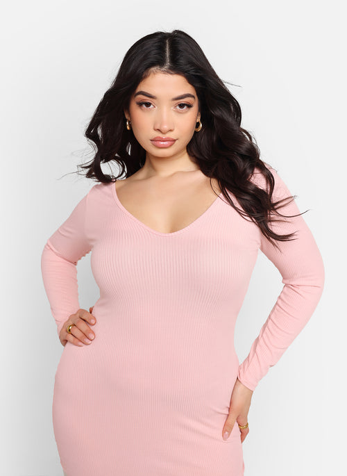 Santana Ribbed Off Shoulder Midi Bodycon Dress - Light Pink