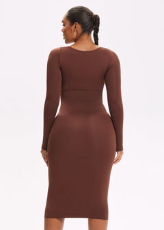 She Waisted SnatchedKnit Square Neck Long Sleeve Midi Dress