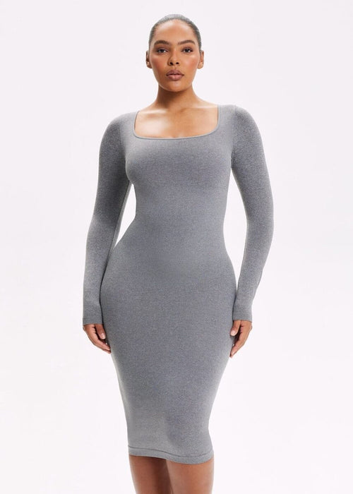 She Waisted SnatchedKnit Square Neck Long Sleeve Midi Dress