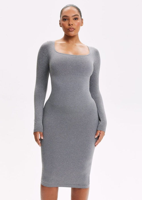 She Waisted SnatchedKnit Square Neck Long Sleeve Midi Dress