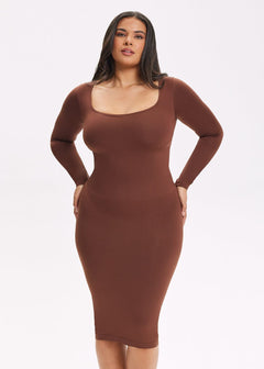 She Waisted SnatchedKnit Square Neck Long Sleeve Midi Dress