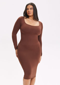 She Waisted SnatchedKnit Square Neck Long Sleeve Midi Dress