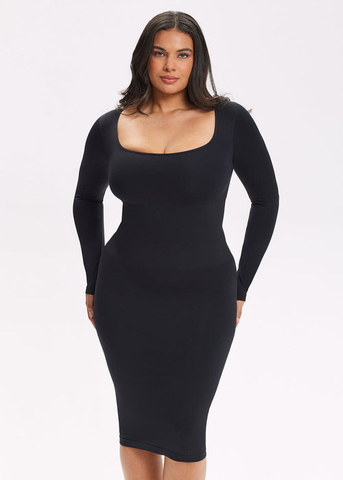 She Waisted SnatchedKnit Square Neck Long Sleeve Midi Dress