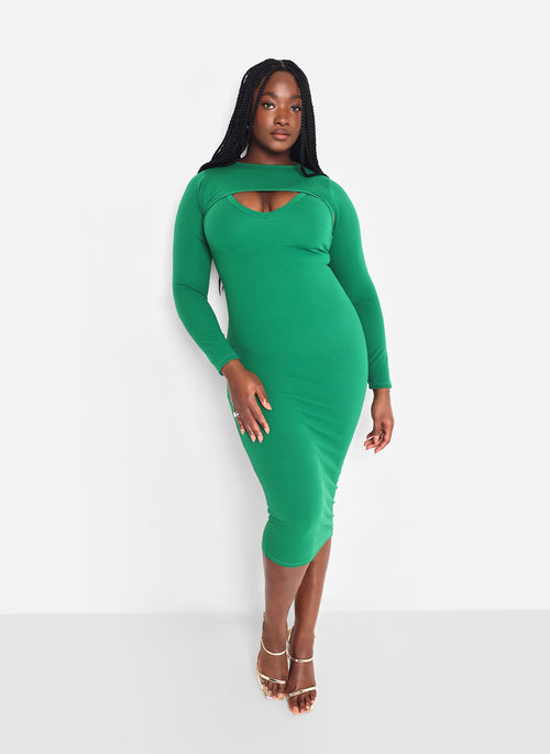 Sia Crepe Long Sleeve Overlay & Strappy Midi Bodycon Dress