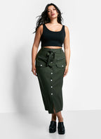 Sierra Tie Belt Button Front Cargo Maxi Shift Skirt - Olive Green