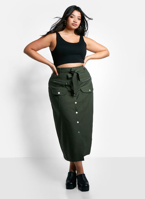 Sierra Tie Belt Button Front Cargo Maxi Shift Skirt - Olive Green