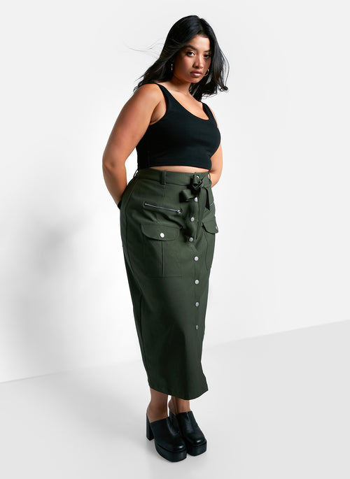 Sierra Tie Belt Button Front Cargo Maxi Shift Skirt - Olive Green