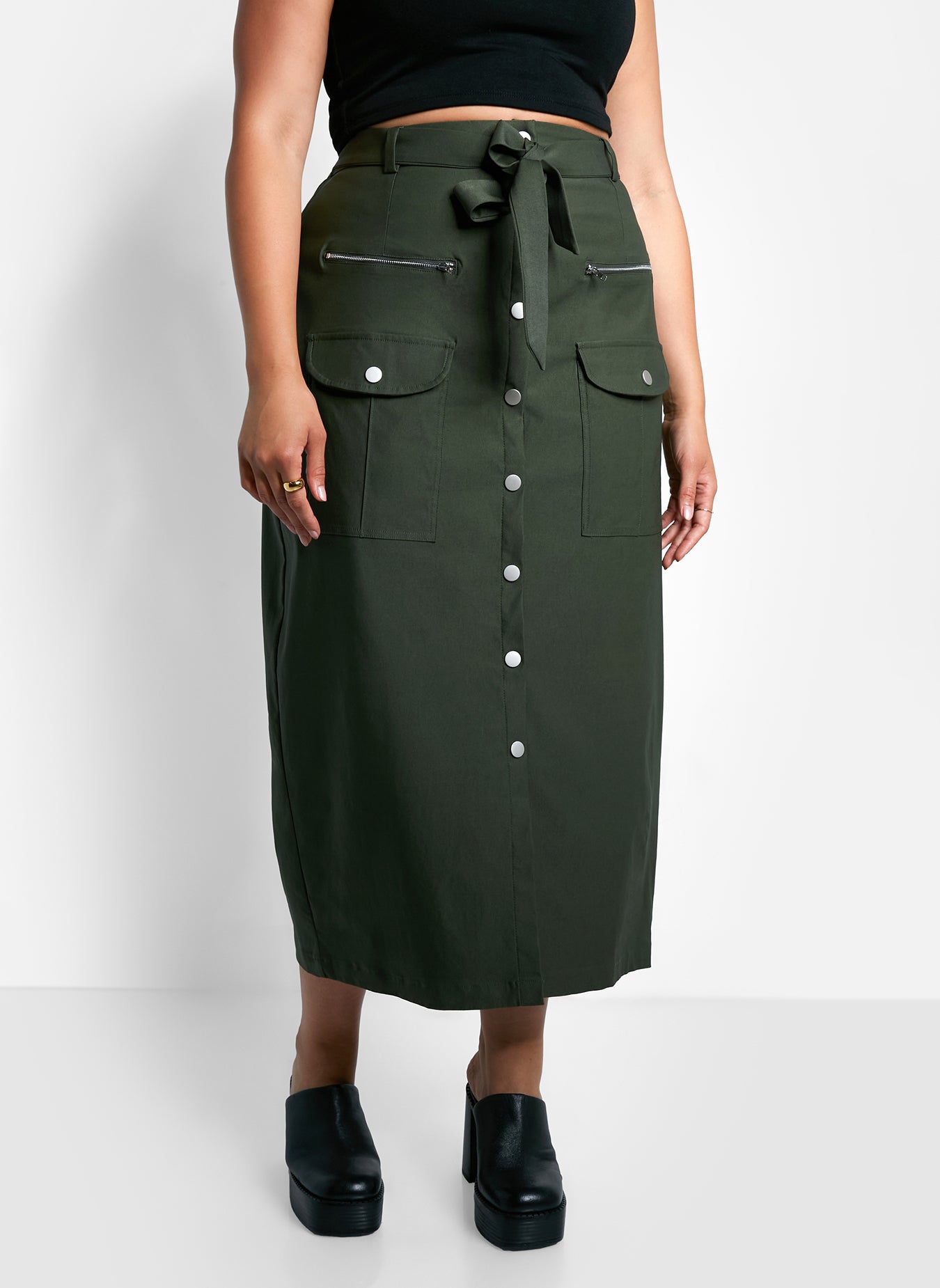 Sierra Tie Belt Button Front Cargo Maxi Shift Skirt - Olive Green