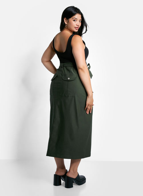 Sierra Tie Belt Button Front Cargo Maxi Shift Skirt - Olive Green