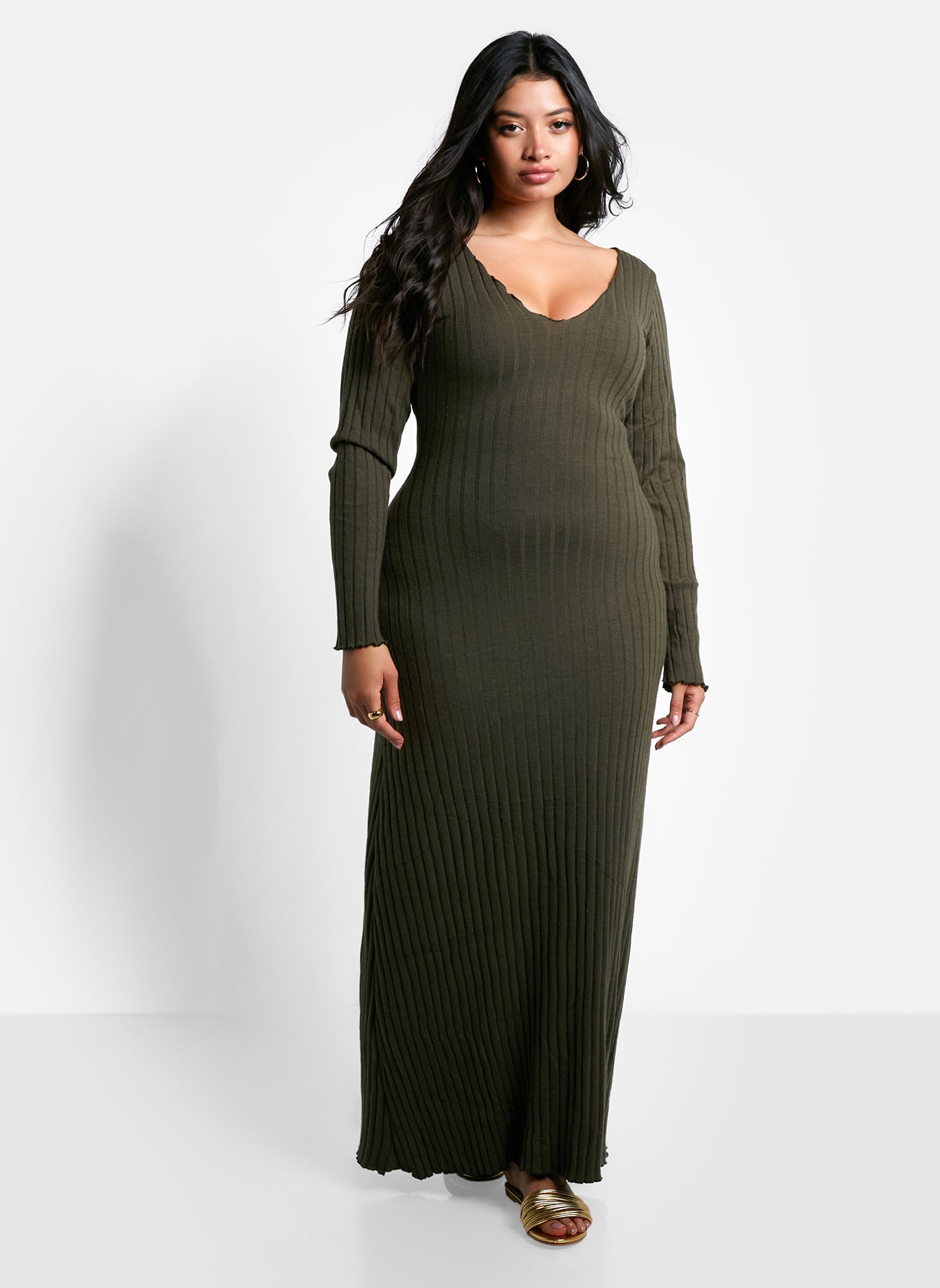 Eloise Ribbed Maxi A Line Dress - Olive Green