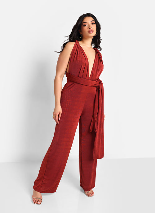 Sol Slinky Tie Back Wide Leg Jumpsuit - Brick