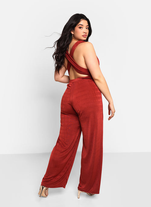 Sol Slinky Tie Back Wide Leg Jumpsuit - Brick