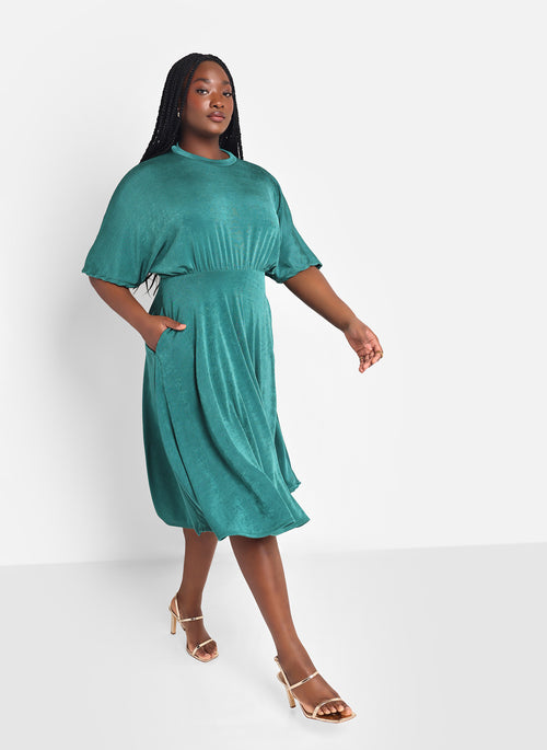 Star Slinky Dolman Midi Skater Dress W. Pockets - Teal