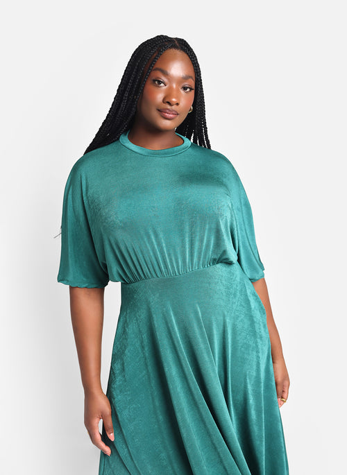 Star Slinky Dolman Midi Skater Dress W. Pockets - Teal