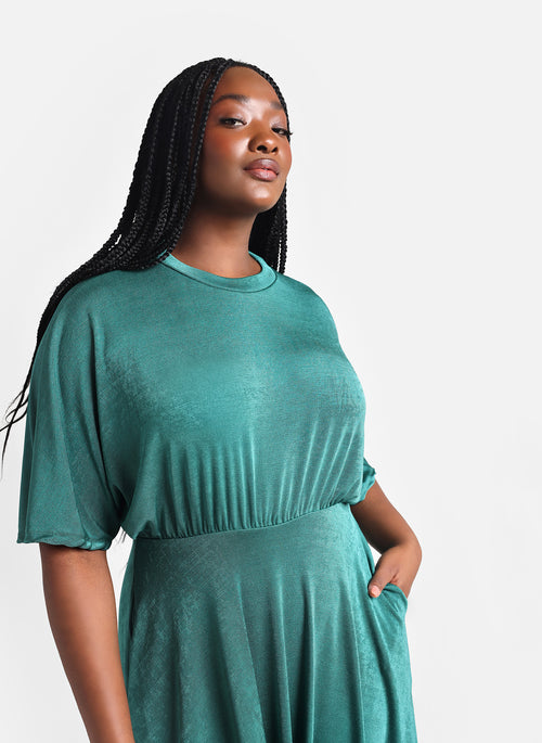 Star Slinky Dolman Midi Skater Dress W. Pockets - Teal