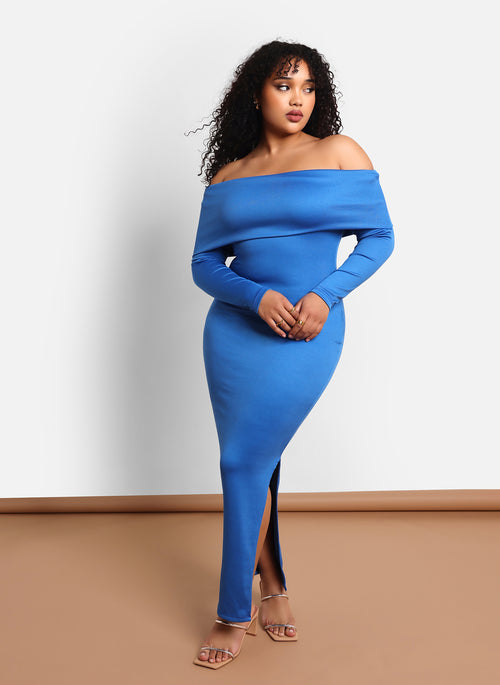 Vera Ribbed Overlay Maxi Bodycon Dress W. Slit - Cobalt