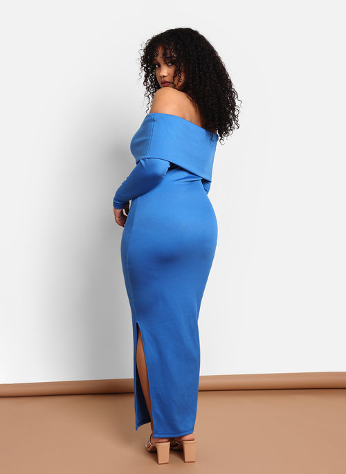 Vera Ribbed Overlay Maxi Bodycon Dress W. Slit - Cobalt