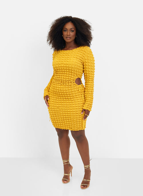 Scorpio Popcorn Smocking Cut Out Mini Bodycon Dress - Mustard