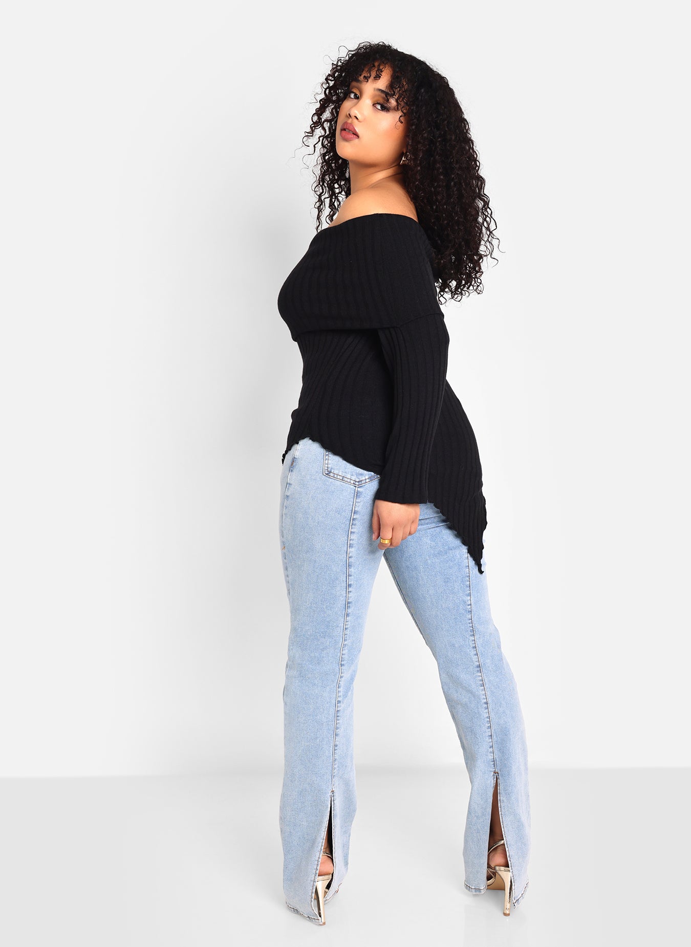Xenia Ribbed Knit Off Shoulder Top