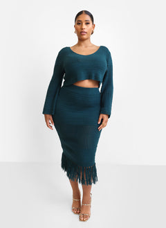 Jina Crochet Tassel Hem Midi Bodycon Skirt - Teal