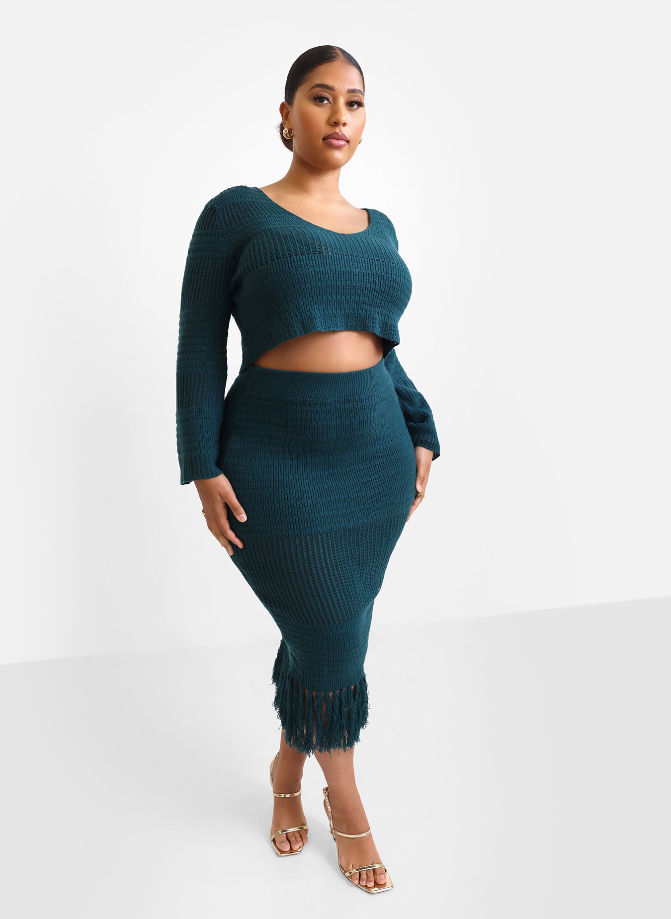 Jina Crochet Tassel Hem Midi Bodycon Skirt - Teal