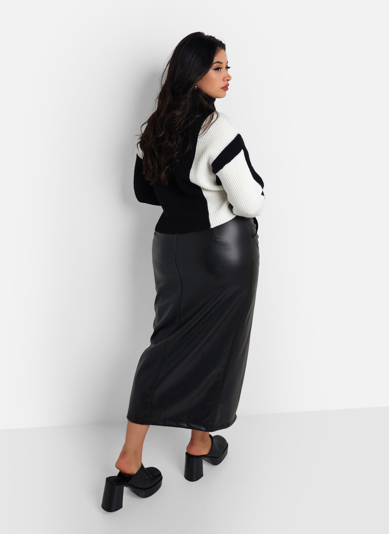 Ainslee Vegan Leather Midi Bodycon Skirt - Black