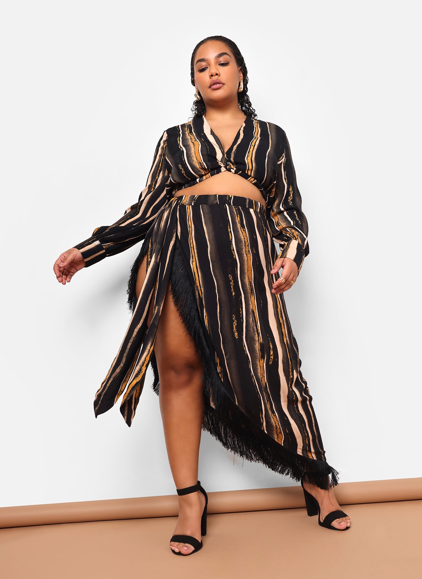 Alaia Stripe Print Fringe Maxi Wrap Skirt