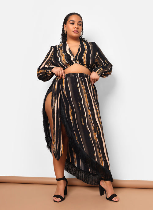 Alaia Stripe Print Fringe Maxi Wrap Skirt